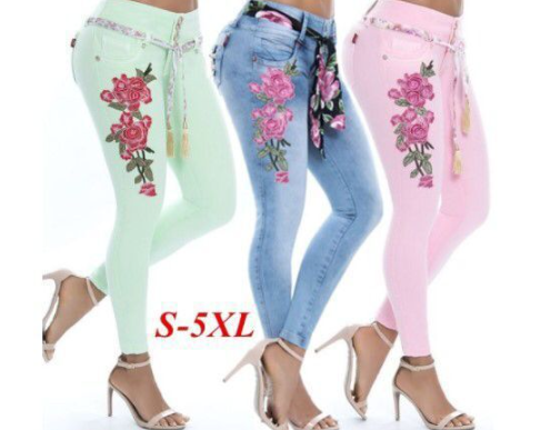 Embroidered Skinny Jeans - Light Green