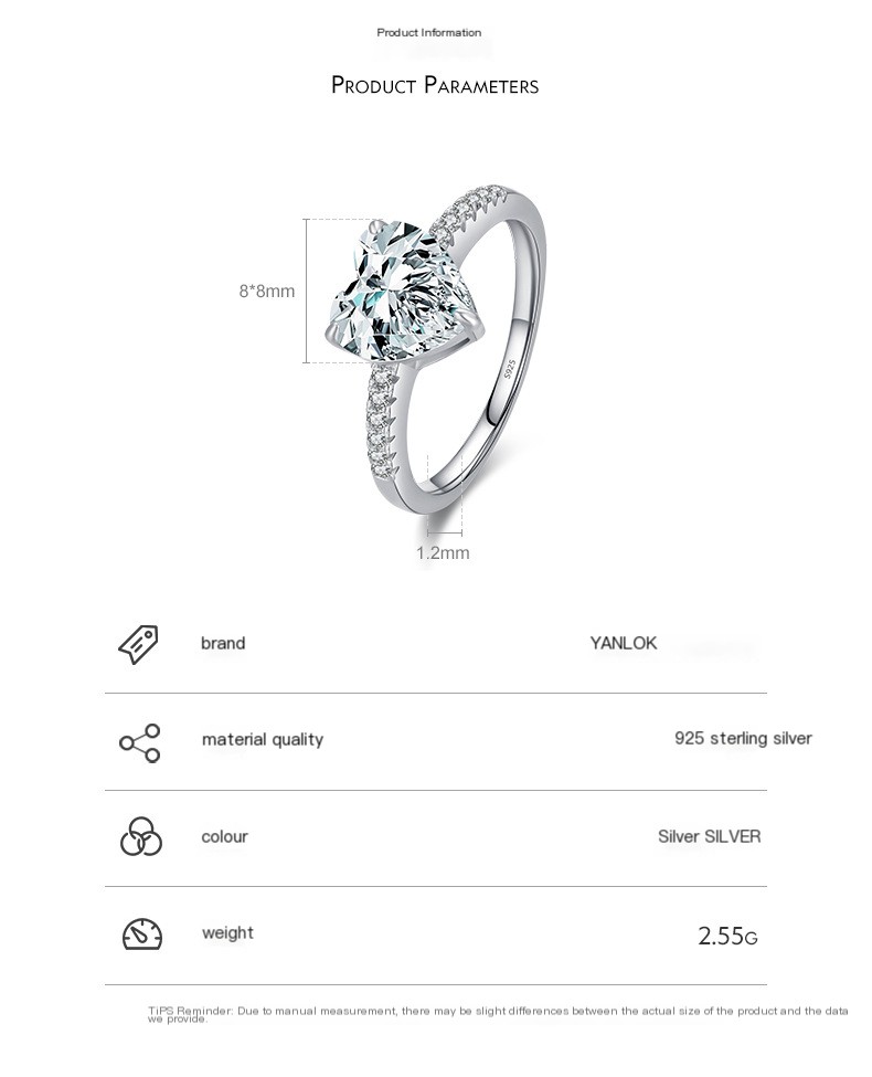 YANLOK s925 Sterling Silver Heart-Shaped Ring