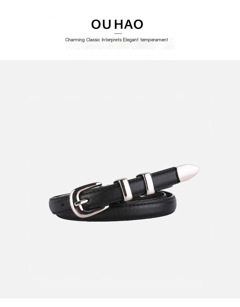 Fashionable Genuine Leather Thin Waist Belt - Black