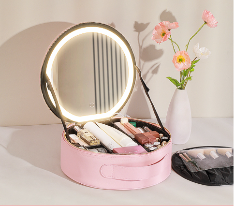 LED Round Mirror Makeup Bag