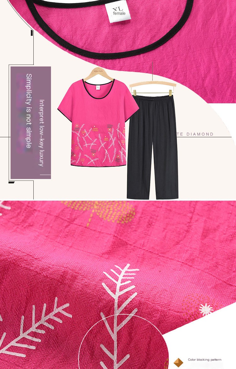 Middle-aged and Elderly Women's Summer Short-sleeved Suit Mother's Suit 60-year-old Printed Grandma's Top and Pants Two-piece Suit