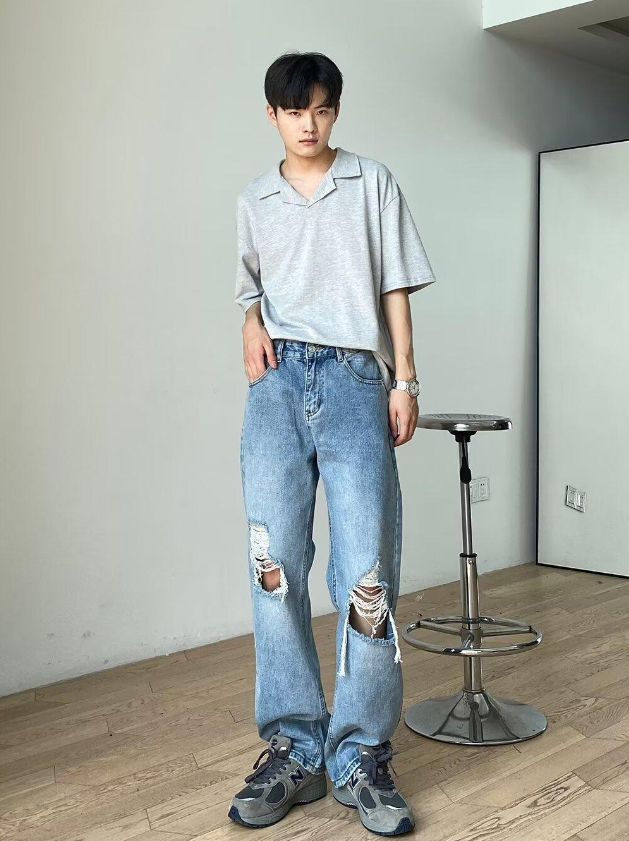Men's Light Blue Ripped Denim Jeans