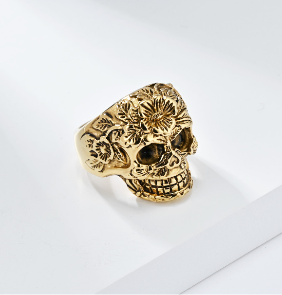 Flower Skull Ring Gold