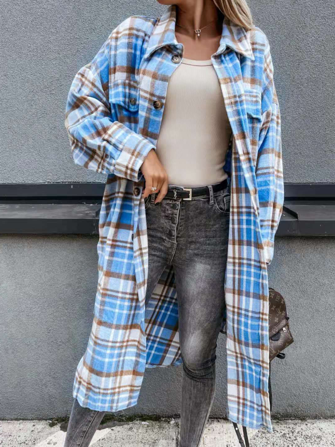 European And American Loose Blue And White Plaid Woolen Long Coat 4