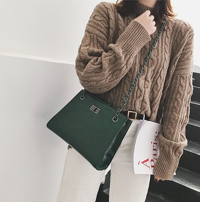 Crocodile Pattern Chain Shoulder Bag - Brown