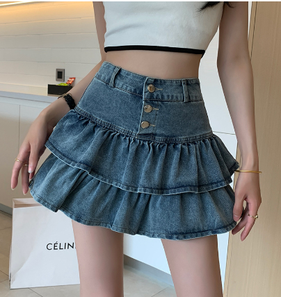 Women's Retro Ruffled Denim Skirt