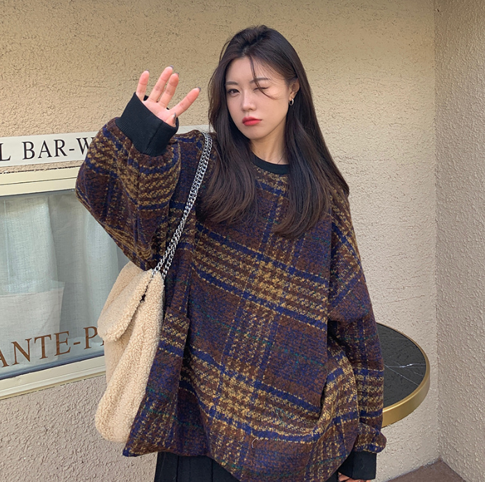 Casual Women's Plaid Lamb Wool Padded Sweater Coat 2