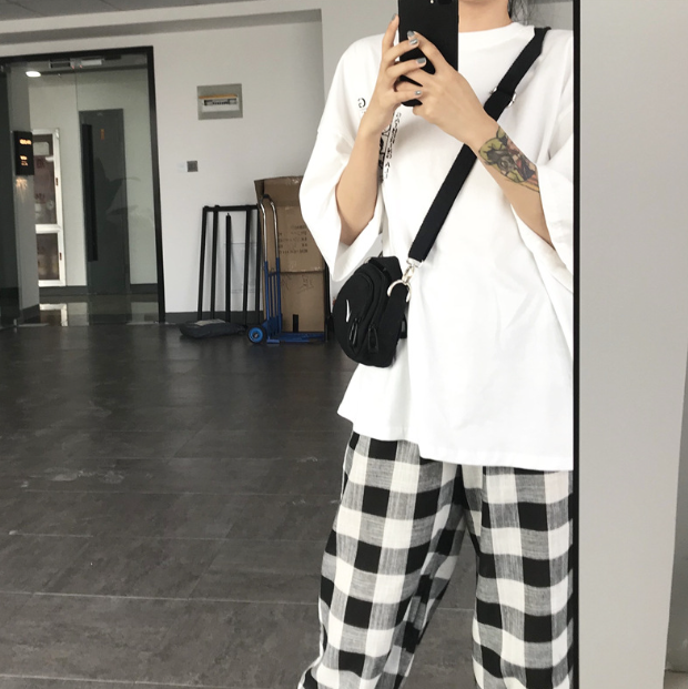 Two-piece printed plaid cropped trousers