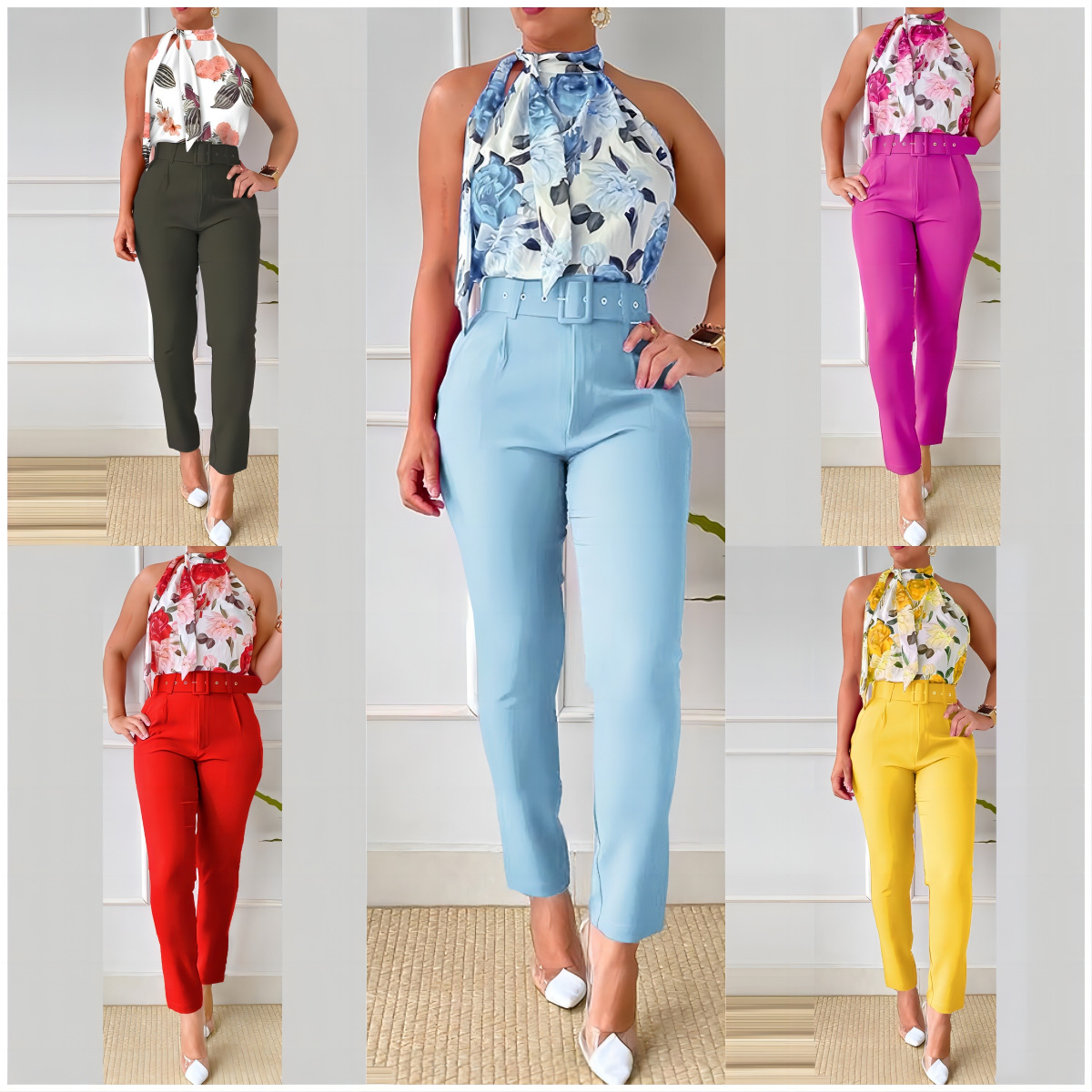 Slim-Fit Solid Color High-Waist Lace-Up Casual Pants