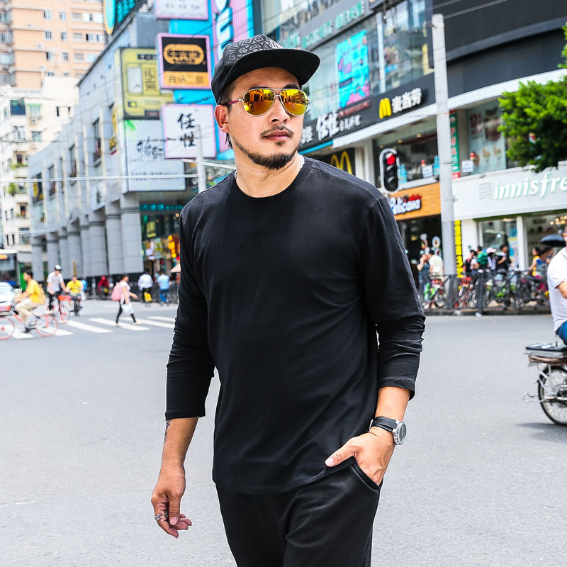 Large Size Men's Long-sleeved Round Neck Solid Color T-shirt image