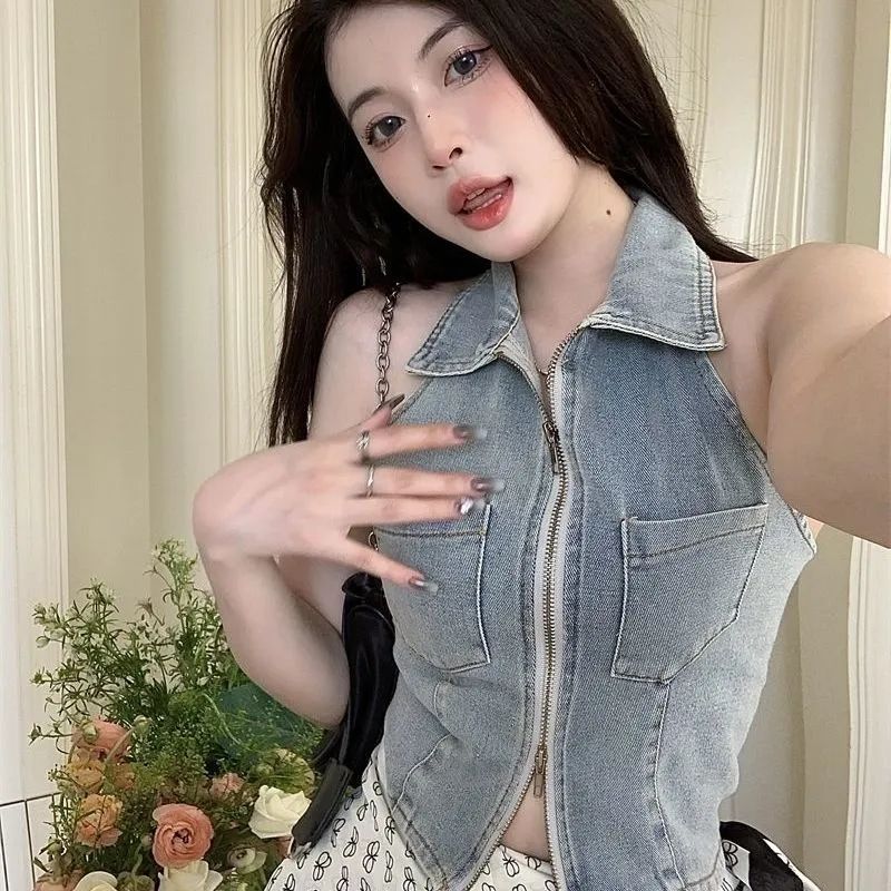 Casual outfit with Women's Sexy Zipper Sleeveless Summer Denim Tank Top