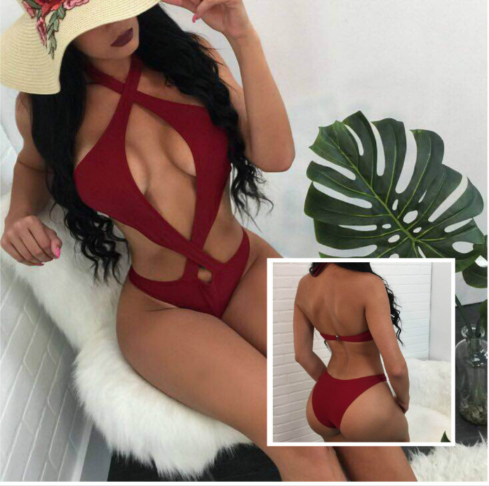 Halter Cross Design Solid Color Bikini Image 1