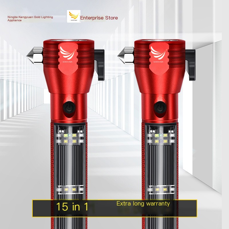 Red solar rechargeable aluminum flashlight with emergency hammer shown from front and rear, illustrating LED light panels and multifunction design, adult unisex imported flashlight, HS code 8513.10