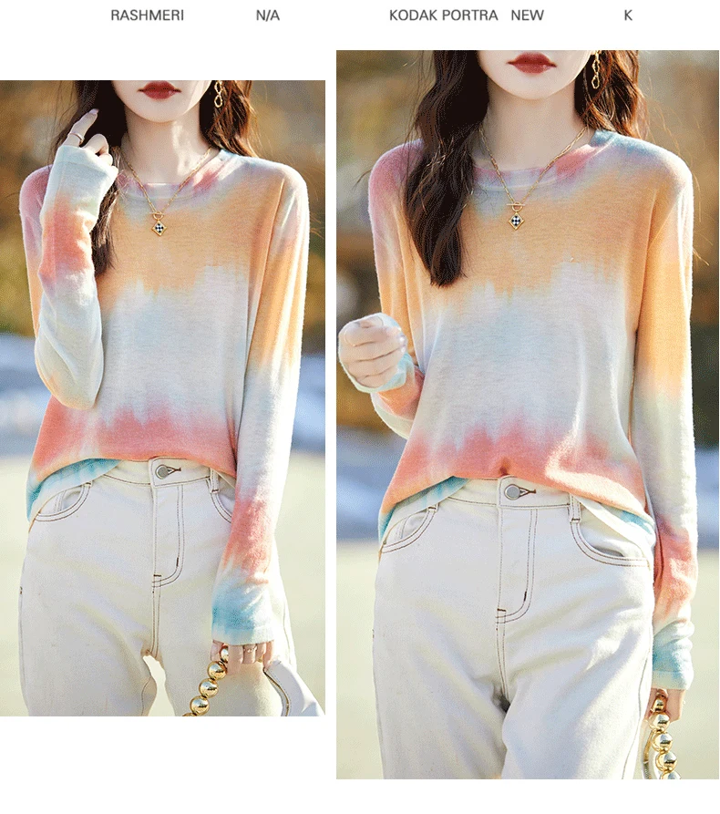 Early spring new ultra fine worsted water soluble wool sweater women ink print round neck long sleeve base T-shirt sunscreen top