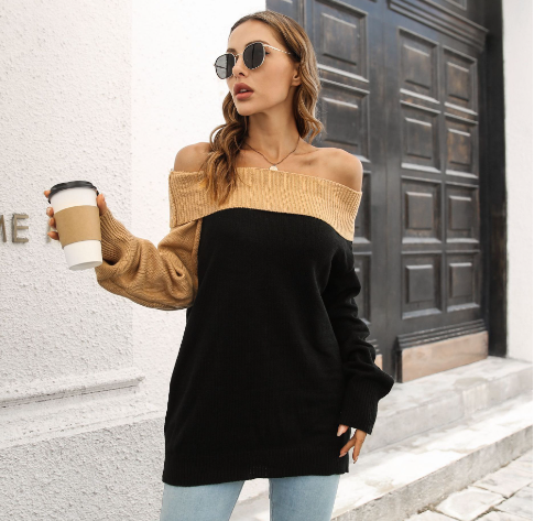 Khaki and Black Off-Shoulder Sweater Image 2