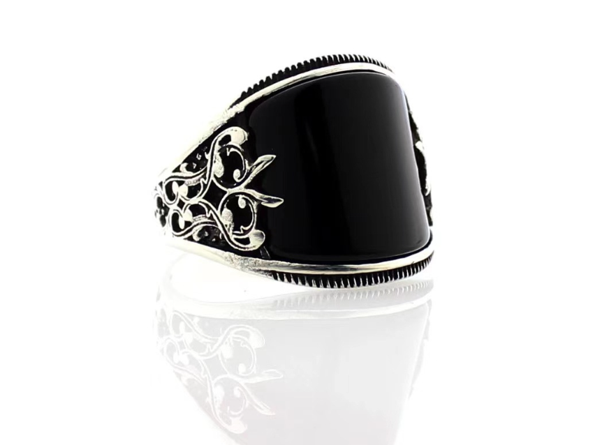 Vintage Business Men's Black Oil Drop Carved Totem Ring Side View