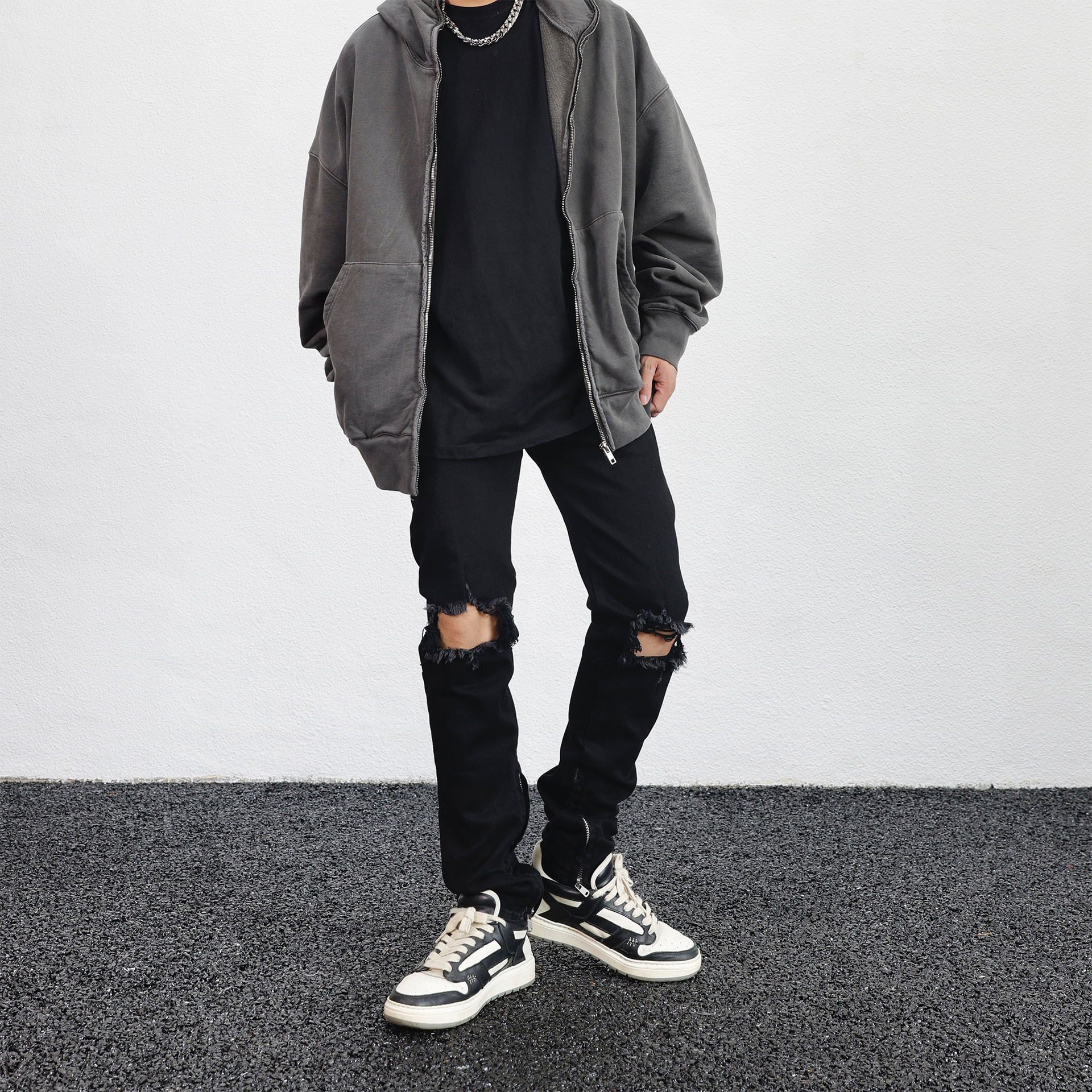 Distressed Black Denim Jeans - Close Up