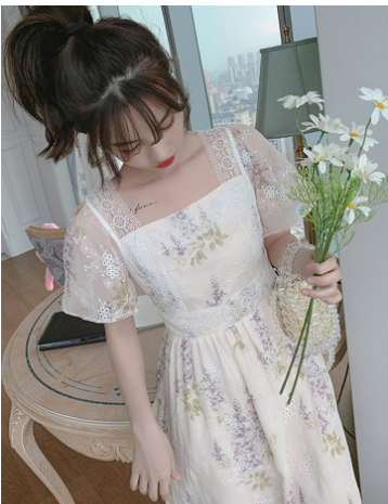 Super Fairy Retro Temperament Lace Floral Dress Image 2