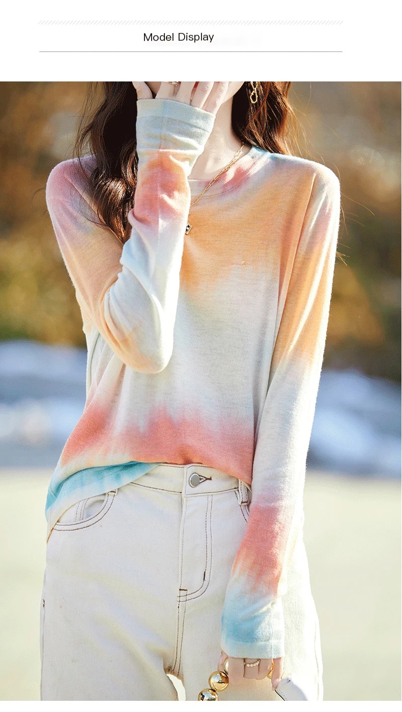 Early spring new ultra fine worsted water soluble wool sweater women ink print round neck long sleeve base T-shirt sunscreen top