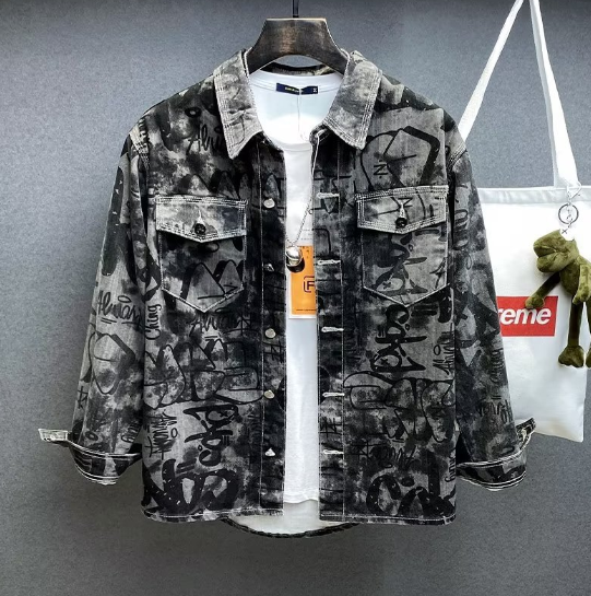 Men's Loose Plus Size Trendy Printed Denim Jacket