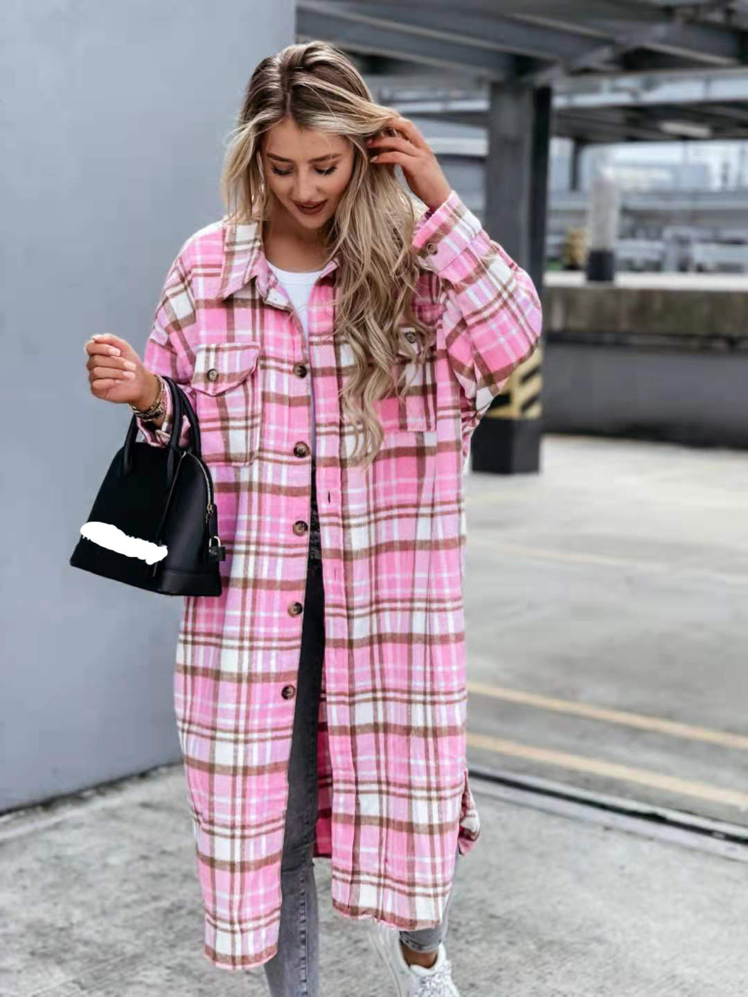 European And American Loose Blue And White Plaid Woolen Long Coat 3