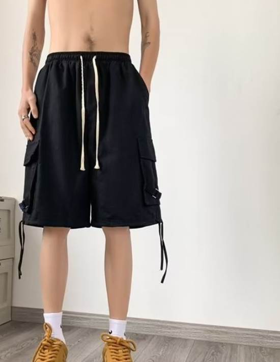 Men's Lace Panel Hollow Loose Drawstring Shorts Image 9
