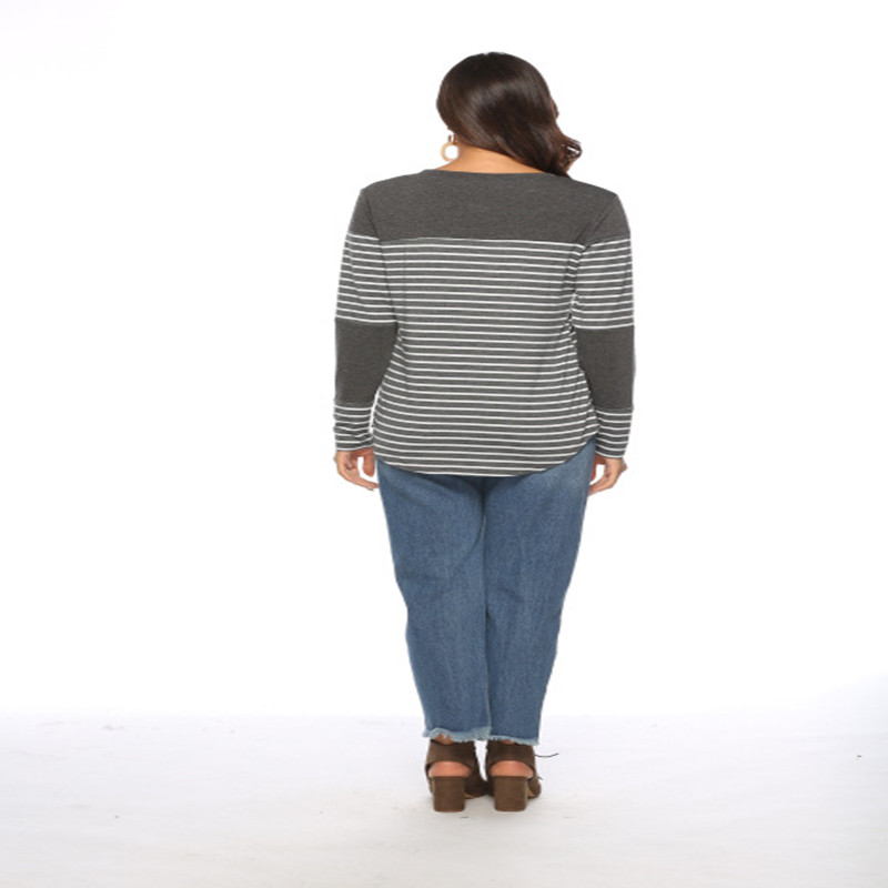 Casual striped stitching long-sleeved loose T-shirt top image