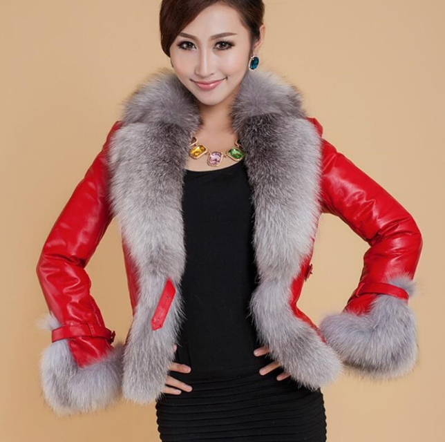 PU leather short coat with fox fur collar