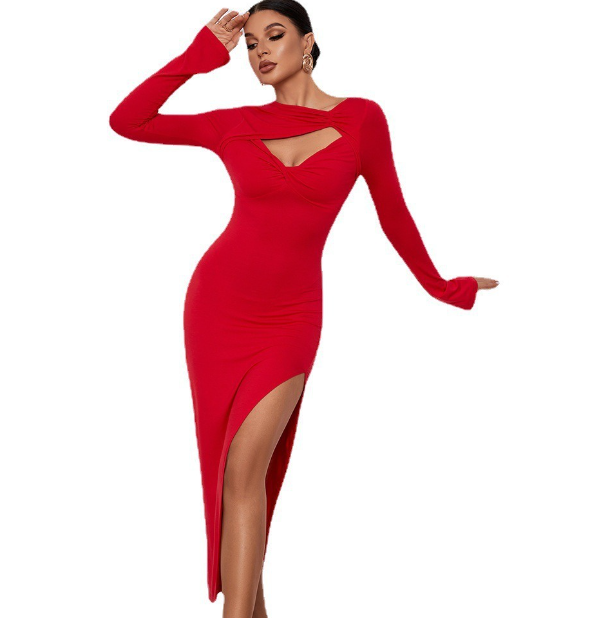Women's Dress Fashion Cutout Long Sleeve High Slit Party Dress