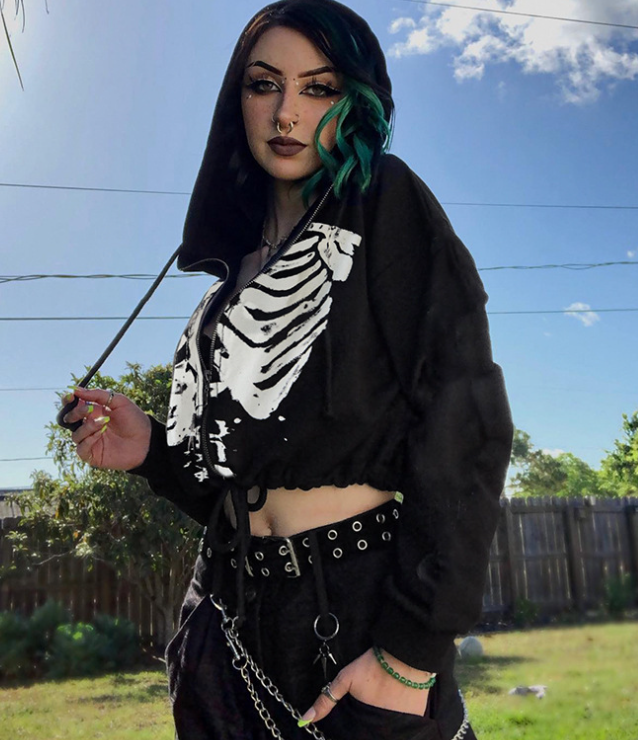 Gothic Drawstring Crop Hoodie Side View