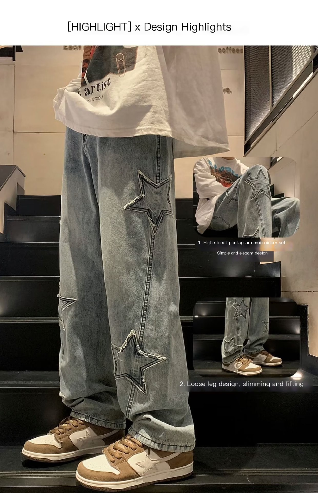 Y2K Vintage Men Korean Blue Streetwear Oversize Star Aesthetic Straight Trousers Wide Leg Jeans Grunge Denim Pants Women Clothes