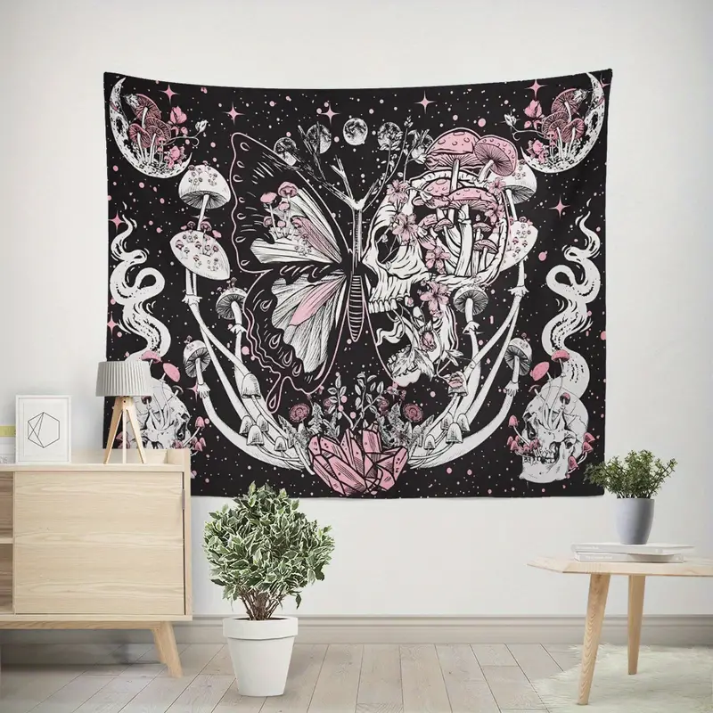 1pc Mushroom Skull Wall Art Decor Tapestry, Butterfly Flower Moon Pattern Tapestry, Wall Hanging For Living Room Bedroom Dorm Room, With Free Installation Accessories image