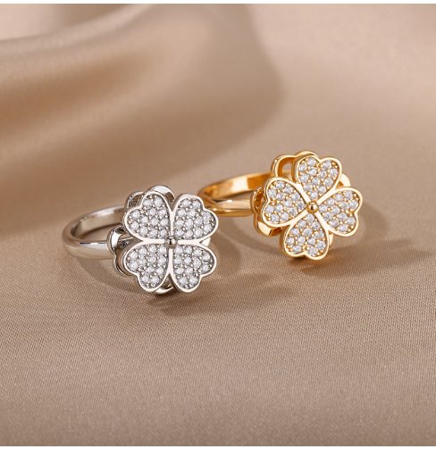Spinner Zircon Heart Four Leaf Clover Ring 3