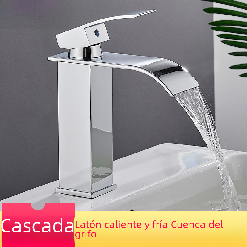Cross-border basin waterfall faucet wide mouth stainless steel mirror treatment square elbow cold and hot water countertop basin faucet image