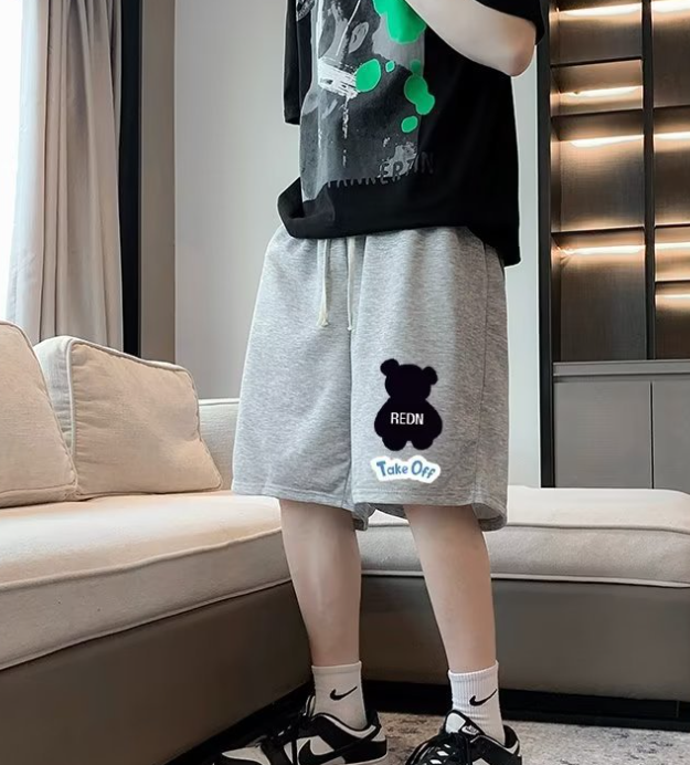 Casual Touch Color Stitching Flocking Bear Shorts