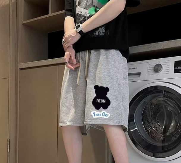 Casual Touch Color Stitching Flocking Bear Shorts