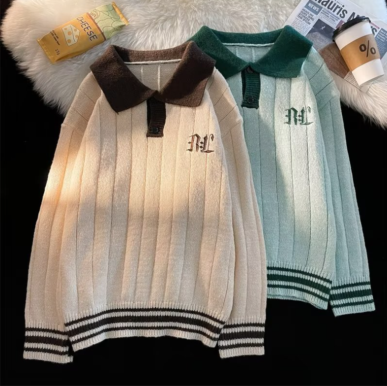 Soft Cream Retro Polo Neck Sweater - Apricot