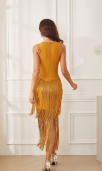 Gold Glitter Evening Dress Prom Fringe Jumpsuit