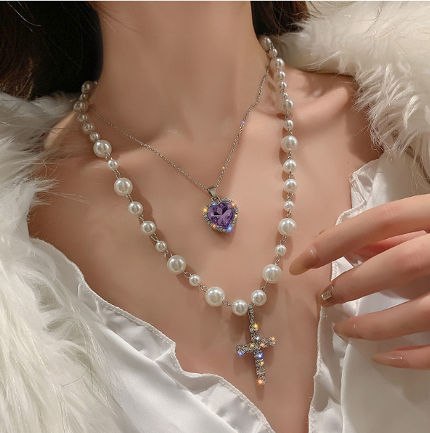 Elegant Faux Pearl Rhinestone Love Cross Necklace