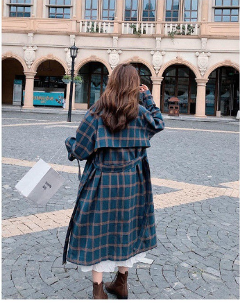 French Green Plaid Woolen Coat Image 3