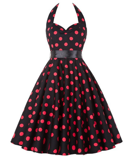 Halter Polka Dot Print Pinup Midi Dresses - Black Red Polka Dot / XL image