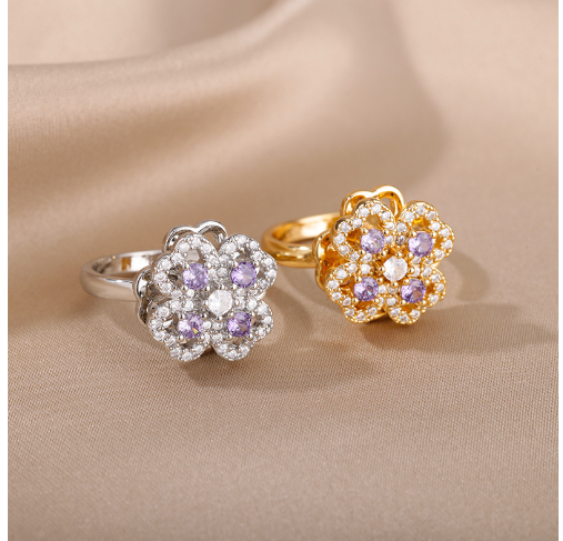 Spinner Zircon Heart Four Leaf Clover Ring 2