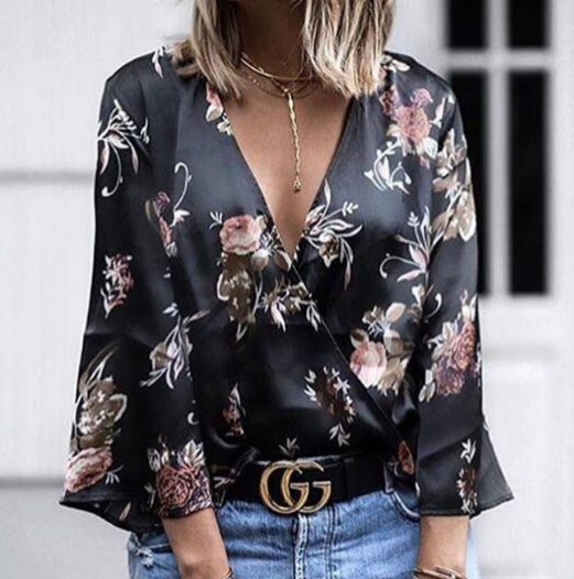 Deep V Floral Print Bell Sleeve T-Shirt