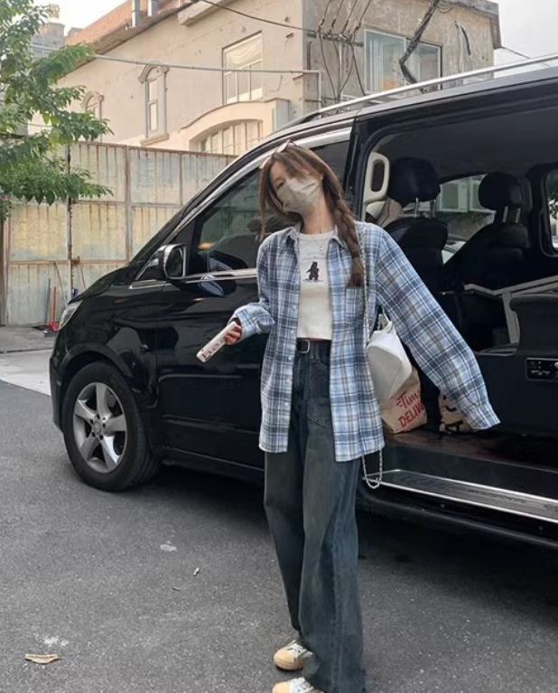 V-Neck Plaid Button-Up Shirt Color Variation