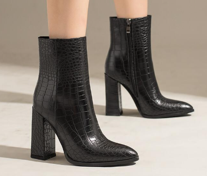 Crocodile Pattern Chunky Heel Ankle Boots