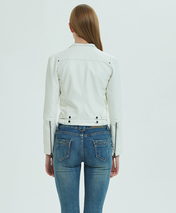 Pu leather white slim with zipper fleece ladies summer jacket