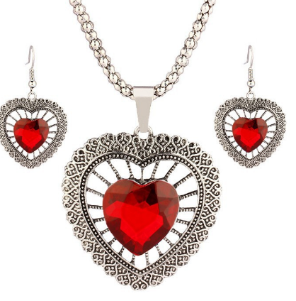 Heart Necklace and Crystal Earrings - Red