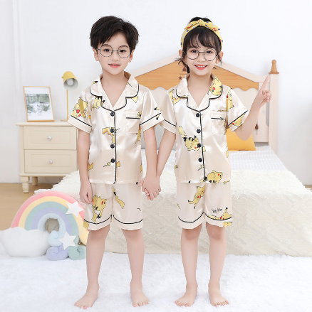 Children's Pajamas Set Cartoon Printed Silk Home Service - Detail