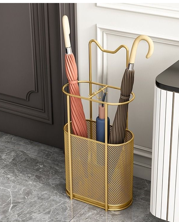 Metal Entrance Umbrella Stand With Cat Handle - Gold
