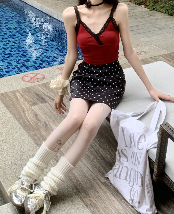 High-Waisted Denim Polka Dot A-Line Skirt - Image 5